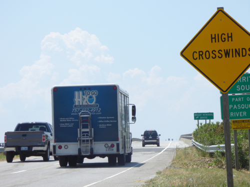 Traffic flowing on the westbound span of the Wright Memorial Bridge.
