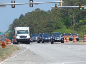 Traffic flowing on the westbound span of the Wright Memorial Bridge.