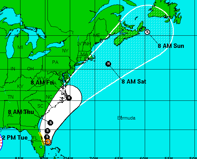 Tropical Storm/Hurricane Arthur's storm track as of 11:00 a.m. 7/1. Image, National Hurricane Center