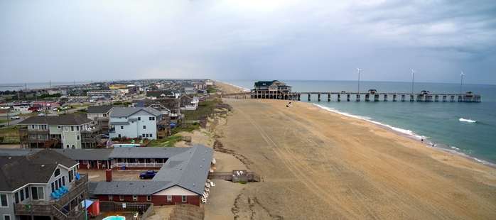 Beach nourishment in Nags Head. The Nags Head loss of sand is much less than expected for a nourishment project. Photo Coastal Science and Engineering.