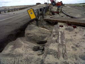 Damage to NC12 north of the temporary bridge in Pea Island National Wildlife Refuge. Credit, NCDOT.