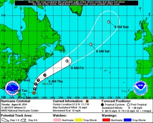 National Hurricane Center track for Hurricane Cristobal, Tuesday, 8/26, 11 a.m.