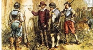 Governor John White retuning to the Lost Colony to discover the only clue, the word "Croatan" carved into a tree.