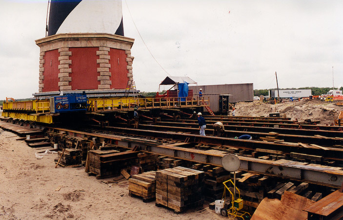The Cape Hatteras Lighthouse on rails as it was being relocated in 1999. Photo, Island Free Press