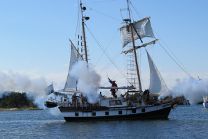 Blackbeard's Queen Anne's Revenge battles it out with Captain Maynard once again. Photo, Connie Leinbach