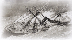 Rendering of the sinking for the Metropolis off the Currituck Banks Coast, 1878. The lighthouse was burning but was too far from the wreck to give adequate aid.