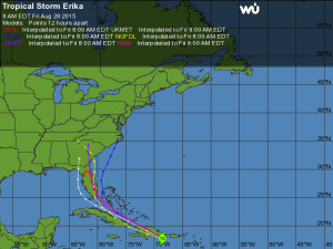 Not out of the woods yet. Most models take Erika over Florida, but at least one continues to show a coastal storm. Source: Weather Underground