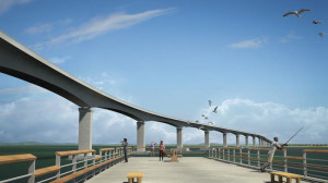 Rendering of Bonner Bridge replacement. Seen from the portion of the old bridge that will be retained as a fishing pier.