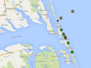 Map of the Northern Outer Banks region showing the location of the ten HD cams between Duck, NC and Oregon Inlet. Note, some spots on the map have multiple cams near a single point. Photo, Surfline