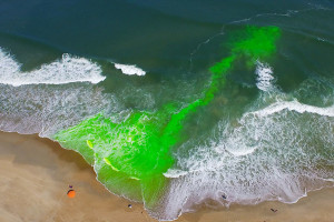 Green dye showing path of rip current on an Outer Banks Beach. Photo, CSI and Baldwin Video
