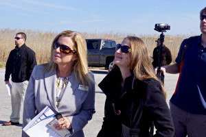 Beth Midgett and Natalie Kavanagh Bridge Moms at replacement for the Bonner Bridge groundbreaking. Photo, Outer Banks Voice.