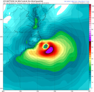 GFS prediction placing Matthew south of Ocracoke Island Sunday midnight. Image, Tropical Tidbits