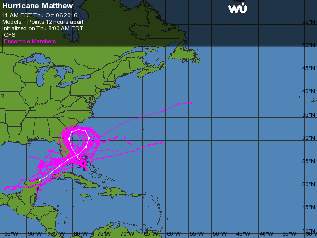 The crazy path of Hurricane Matthew. Weather Underground ensemble models with white line showing consensus track.