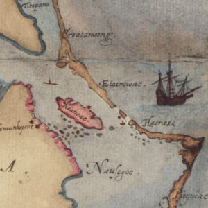 1587 map showing location of the Lost Colony with Roanoke Inlet, now closed, depicted.