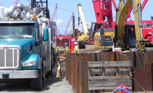 Construction crews working to restore power at the south end of the Bonner Bridge. Photo, Rob Morris, Outer Banks Voice.