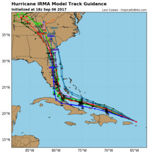 Noon September 6 guidance for Hurricane Irma. The black track in the middle of the projections is the National Hurricane Center forecast.