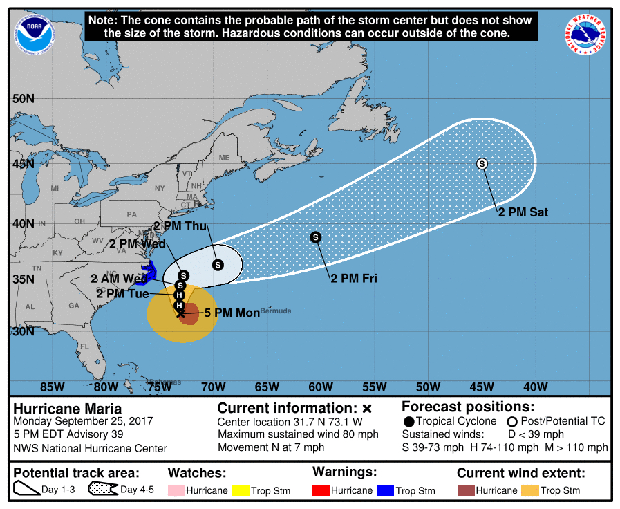 The National Hurricane Center 5:00 p.m. track for Hurricane Maria. A slow slog up the coast followed by rapid exit.