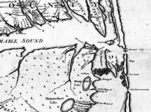 1737 Moseley Map showing Colington Island. Small section of map represented. ECU Digital Collections.