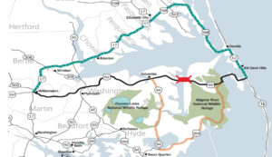 Map showing NCDOT detour routes when the Alligator River Bridge closes.