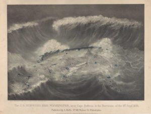 A spectacular if inaccurate rendering of the US Brig Washington during the September 1846 storm. The lithograph shows the ship floundering. Although damaged, it did not sink. (National Maritime Museum)