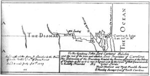 Map prepared by William Byrd for the Lords Proprietors showing the 1828 boundary through Currituck.