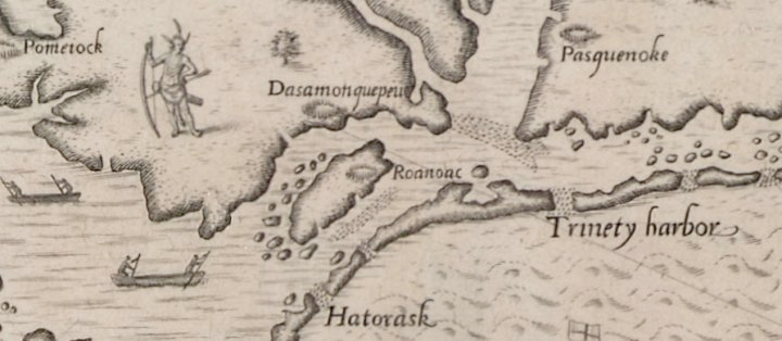 Very early map showing Roanoke Island and Roanoke Inlet directly across from it.