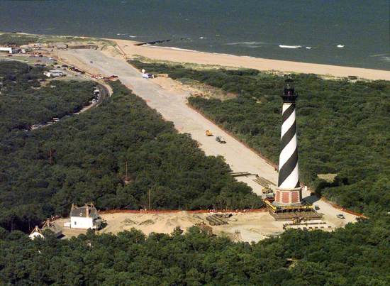 Showing how the Cape Hatteras Lighthouse was moved in 1999.