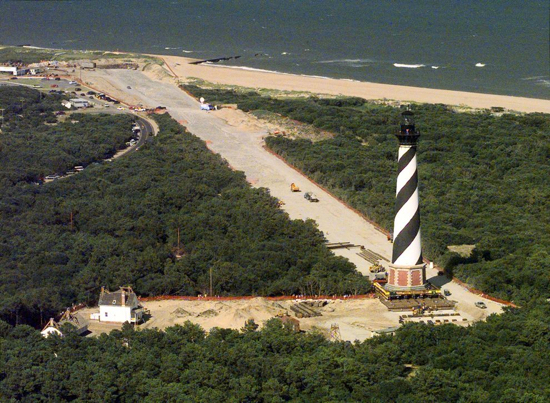Showing how the Cape Hatteras Lighthouse was moved in 1999.