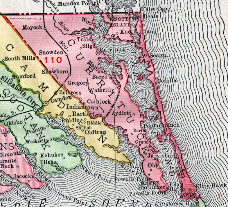 An early 20th century map of northeastern North Carolina showing some of the villages of the Currituck Banks.
