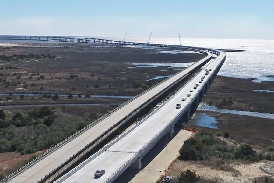 Aerial view of traffic crossing the new span across Oregon Inlet.