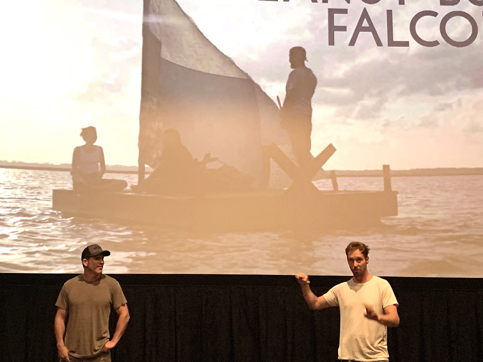 Michael Schwartz (L) and Tyler Nilson (R) answer questions at the Outer Banks premier of Peanut Butter Falcon.