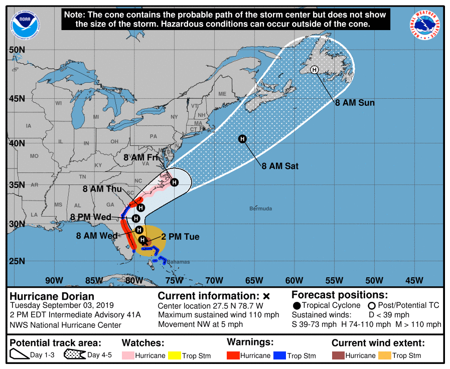 2:00 p.m. National Hurricane Center predicted path of Hurricane Dorian.
