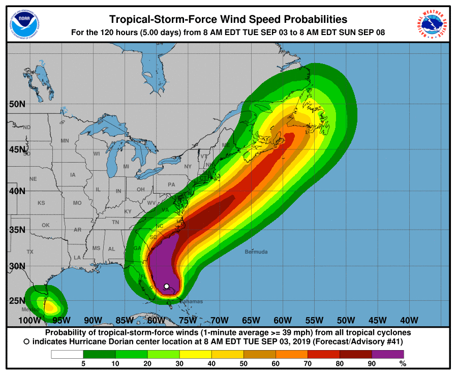NHC tropical force wind probabilities.