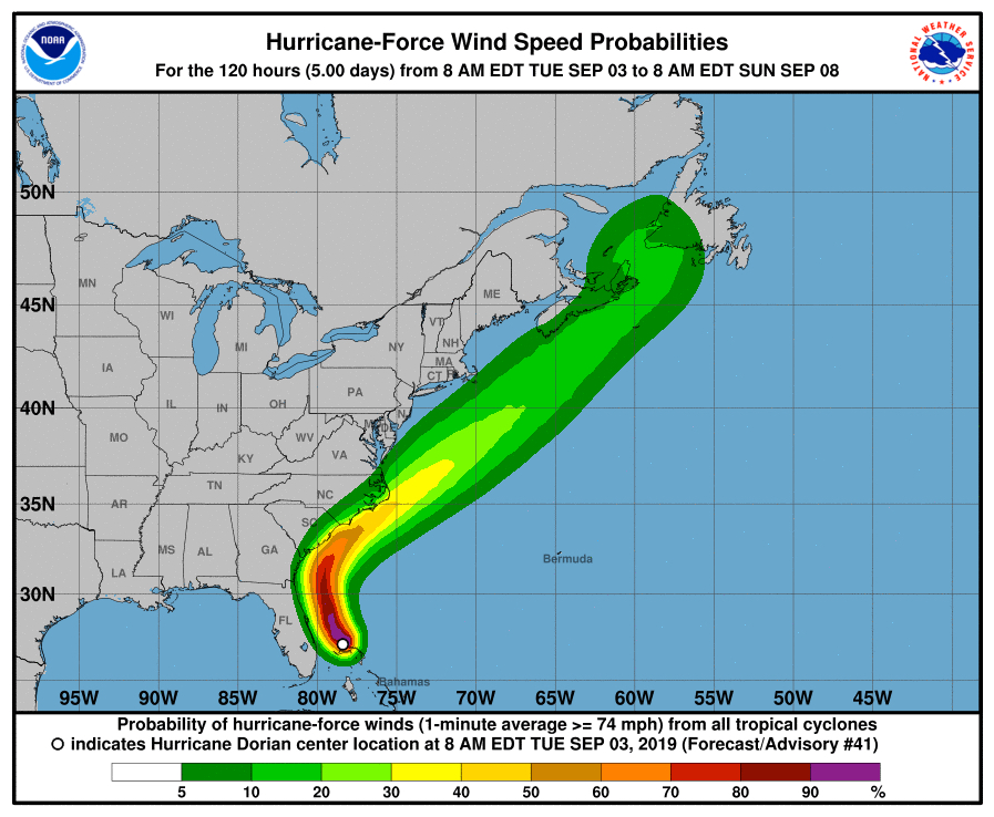 NHC hurricane force winds prediction.
