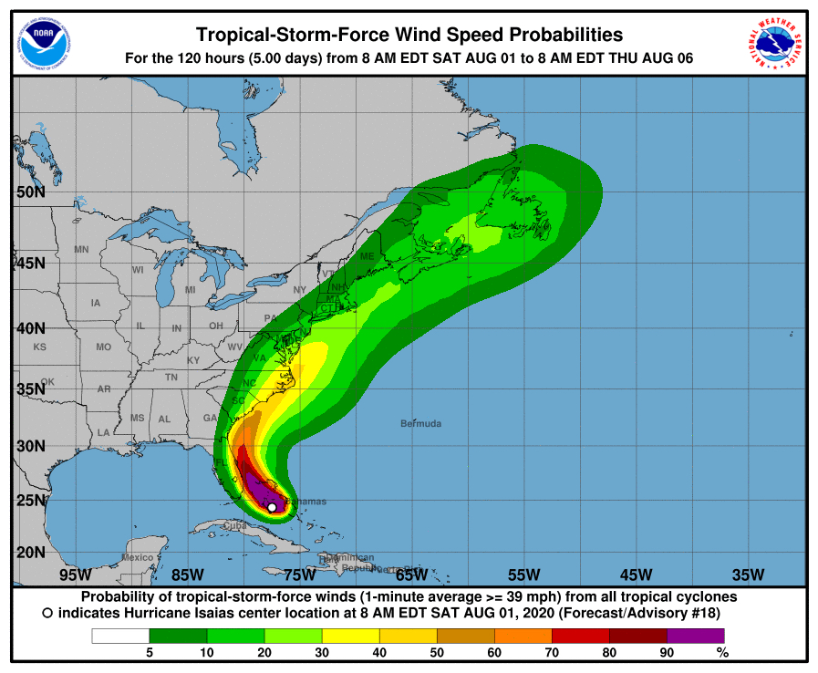 National Hurricane Center tropical storm force winds showing 40-50% chance for Outer Banks. The probability may change in the next update.