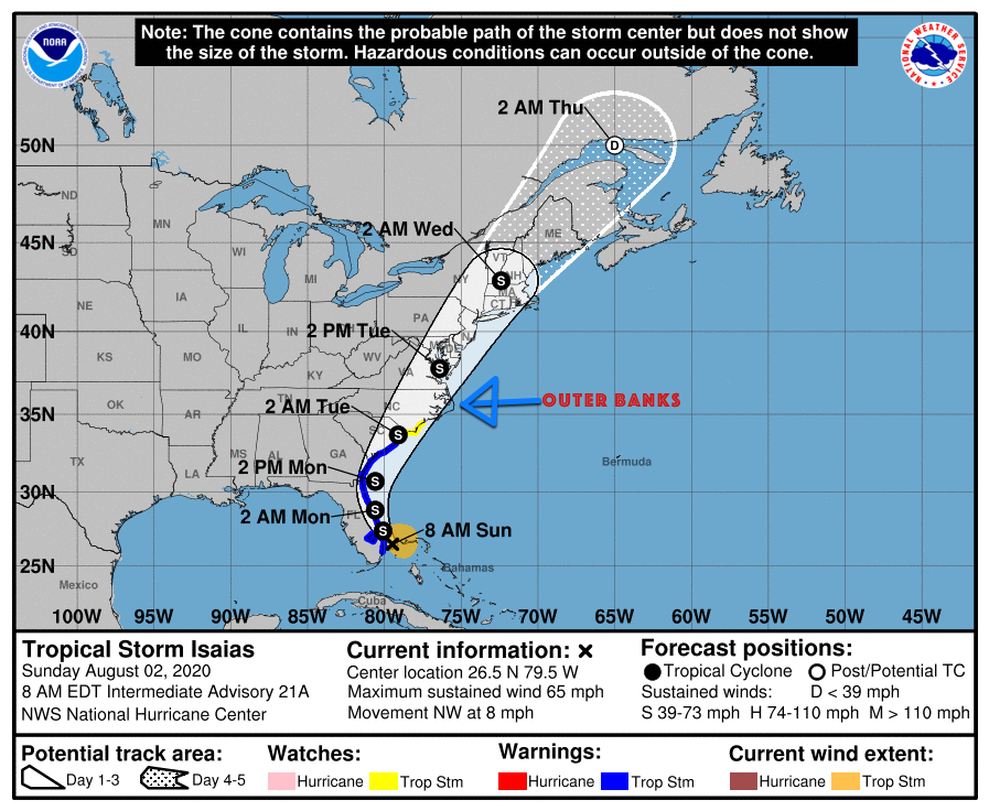 The latest National Hurricane Center forecast for Tropical Storm Isaias has storm inland. Outer Banks will experience wind and rain but not full impact of storm.