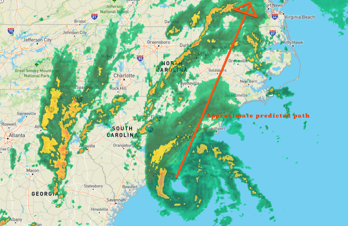 5:30 radar report according to Weather Underground Wundermap. Forecast track of Tropical Storm Isaias added for clarity.